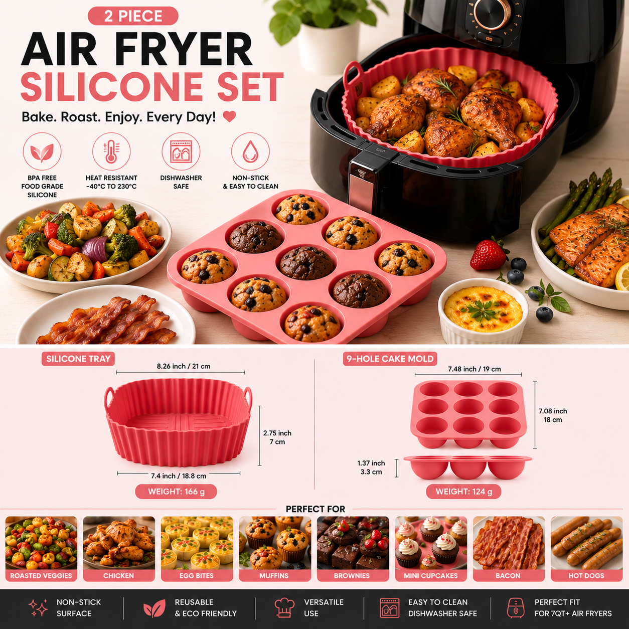 2 Piece Air Fryer Silicone Baking Set -  PINK