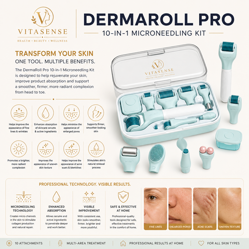 VitaSense DermaRoll Pro 10-in-1 Microneedling Kit