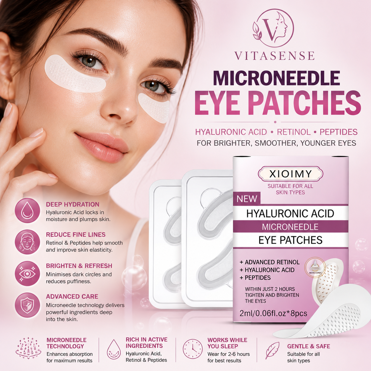 VitaSense Microneedle Eye Patches with Retinol, Hyaluronic Acid and Peptides