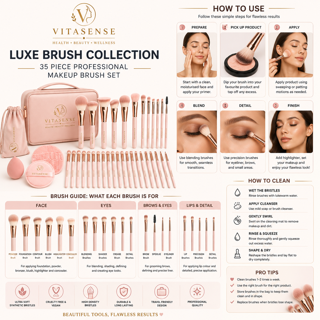 VitaSense Luxe Brush Collection – 35 Piece Professional Makeup Brush Set